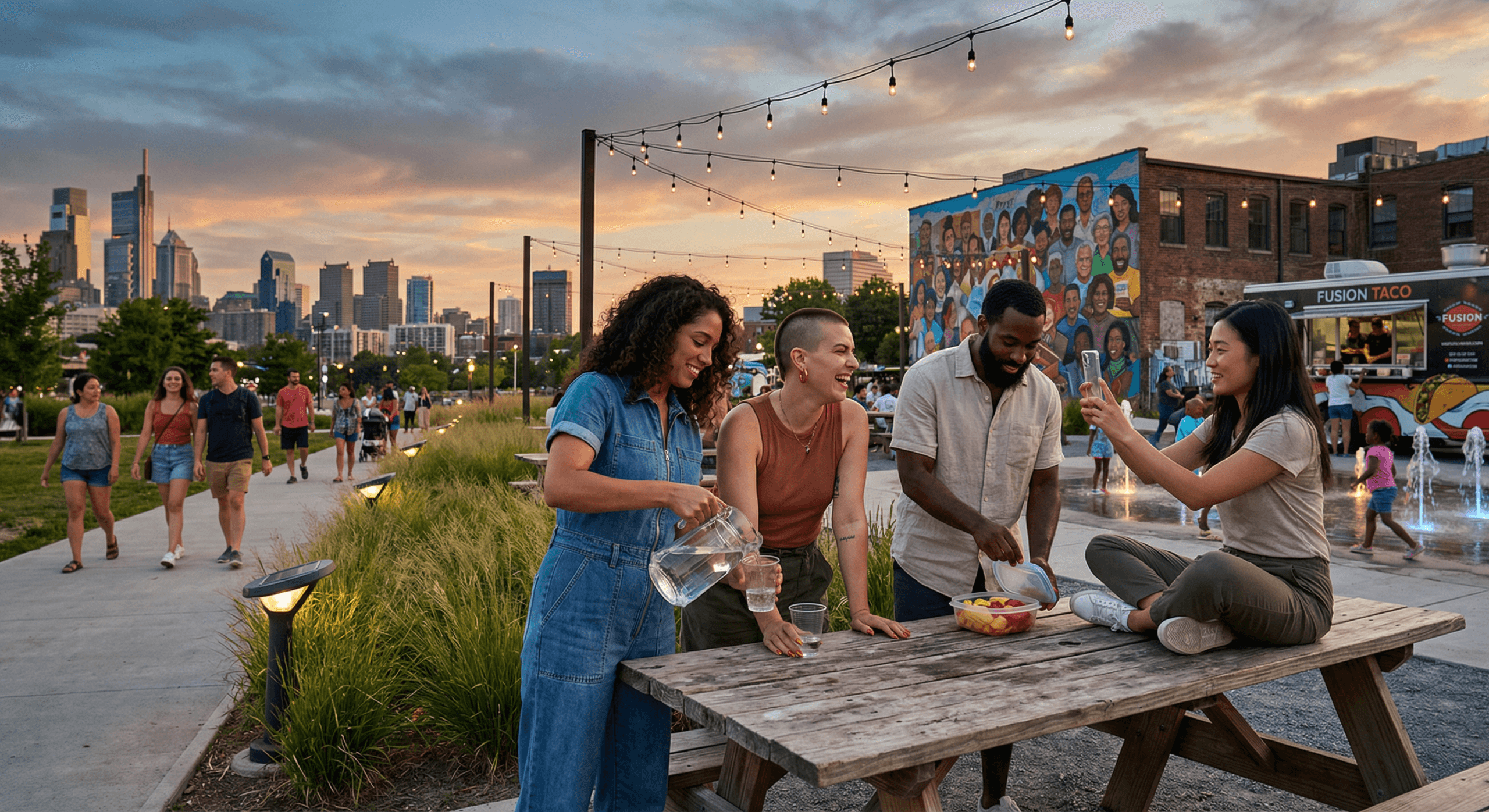 A multicultural group of friends share food and laughter at a sunset city park table, embodying authentic identity and belonging in America through everyday connection, diversity, and environmental mindfulness.