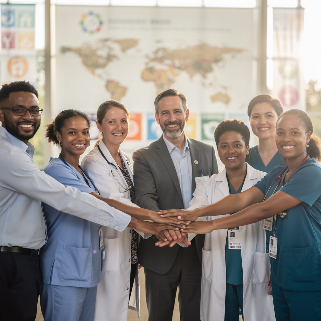 Diverse healthcare professionals and community leaders stand together in bright daylight, hands joined in solidarity, symbolizing a unified call to action for maternal health and equity.