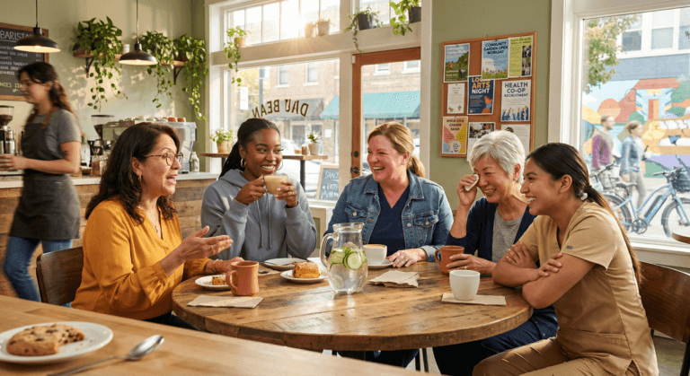 Five multigenerational women share laughter and stories over coffee in a sunlit café, reflecting pride in working‑women communities and the everyday joy found in connection, resilience, and belonging.