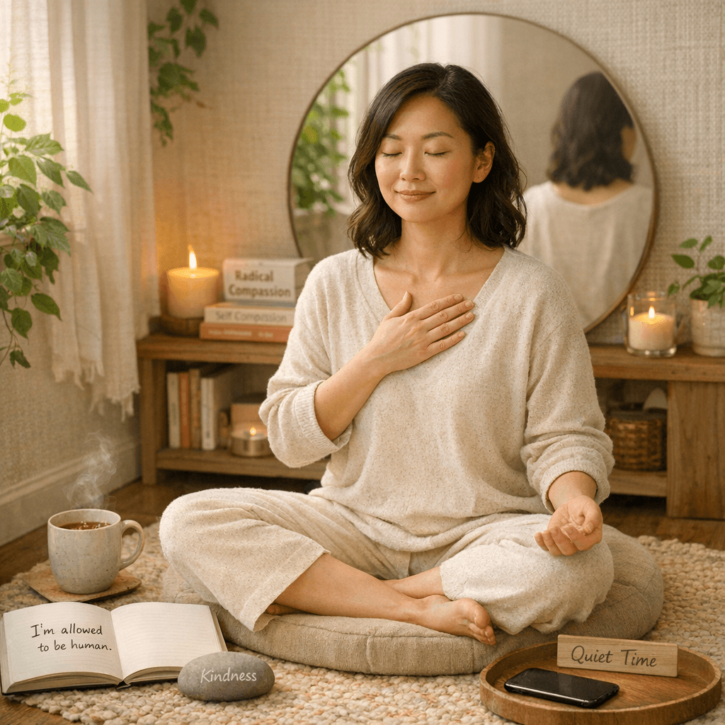 A woman meditates cross‑legged on a rug in warm afternoon light, hand over her heart and eyes half‑closed, reflecting self‑compassion and self‑image through calm awareness, acceptance, and gentle presence.