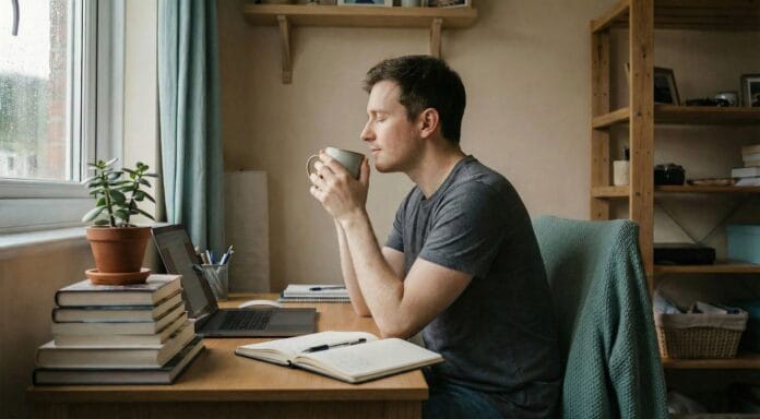 A soft gradient image transitions from a bright, organized desk scene to cooler, gently cluttered tones, symbolizing the continuum from stress to overwhelm to anxiety.