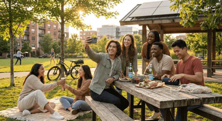 A diverse group of young adults smile and talk together at a sunny U.S. community park, representing authentic identity and belonging in America through shared joy, inclusion, and everyday connection.