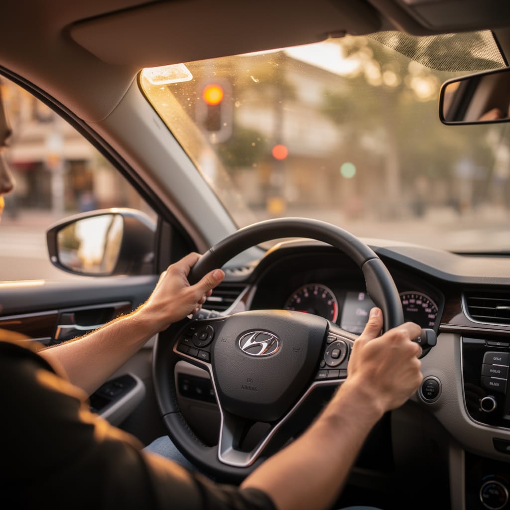 Relaxed driver’s hands rest on the steering wheel as sunlight filters through the windshield, illustrating mindful breathing at a red light.