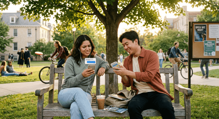 Two college students share a bench in afternoon sunlight, comparing messages on their phones with laughter and confusion that capture text fights and misreads as part of navigating modern connection on campus.