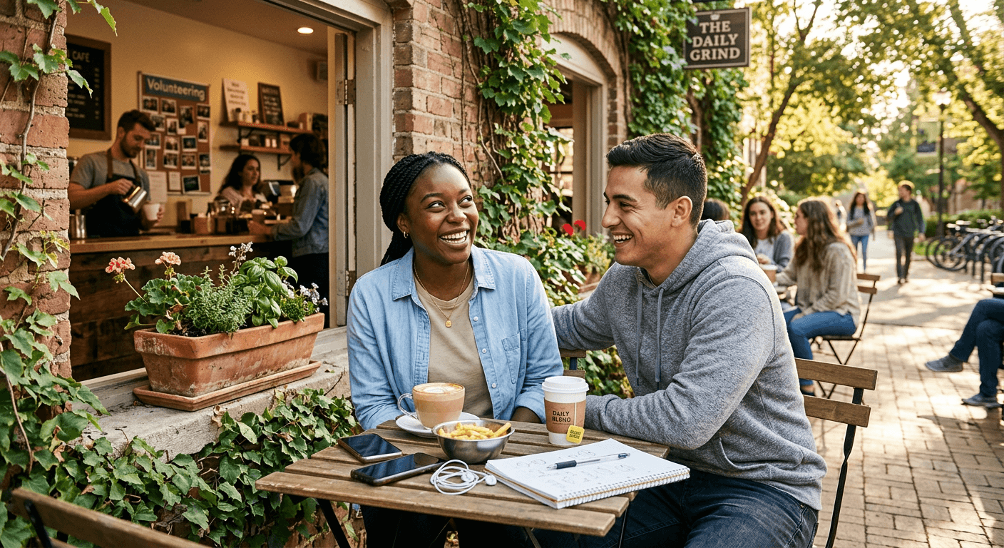 Two close friends laugh together at a sunny café table, their easy comfort and playful energy capturing the early connection that grows from roommates to soulmates through shared warmth and genuine friendship.