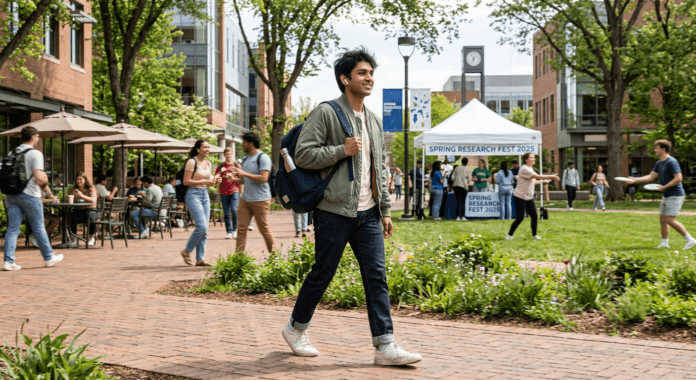 A confident college student walks across a sunny campus quad with earbuds in and calm focus, representing how many young adults navigate campus hookup culture with self‑awareness, balance, and personal growth amid modern student life.