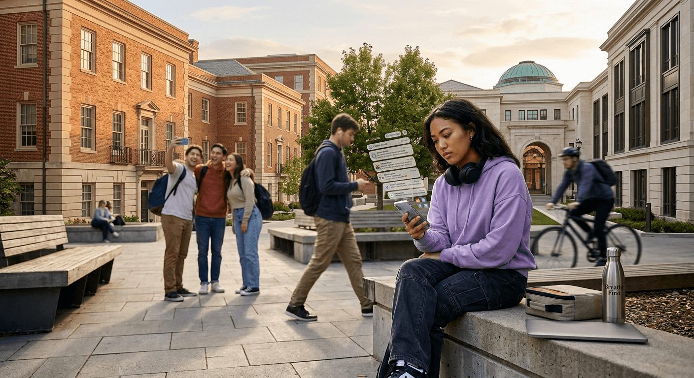 A college student sits under afternoon light, phone glowing with stacked messages, symbolizing text fights and misreads and the quiet fatigue of constant digital connection in modern campus life.