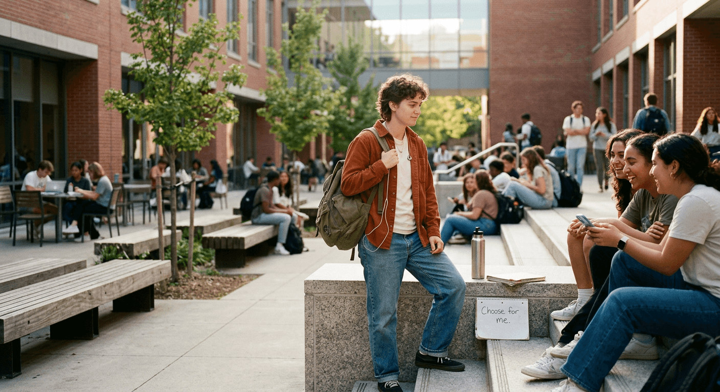 A contemplative student stands in sunlight at a busy college courtyard, pausing as friends scroll nearby, symbolizing campus hookup culture and the balance between self‑definition, choice, and connection in modern student life.