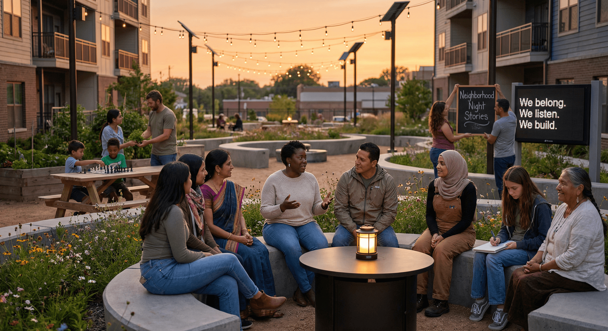 A diverse circle of neighbors shares stories in a sunlit community courtyard, symbolizing pride in working‑women communities and the everyday belonging created through empathy, equity, and shared light in America.
