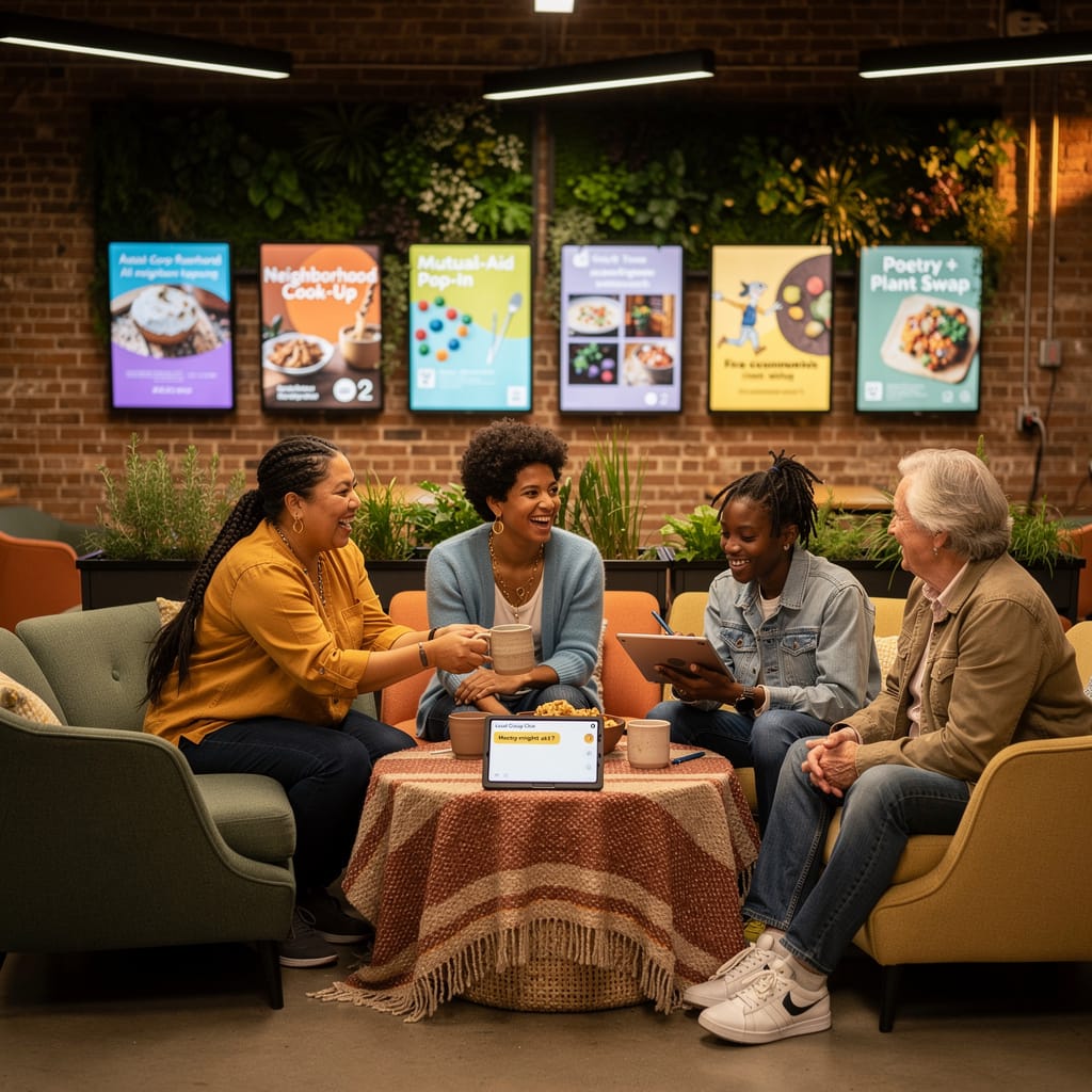 A diverse group of people share laughter and conversation around a circular table in an urban community hub, embodying authentic identity and belonging in America through everyday micro‑belonging, inclusion, and shared presence.