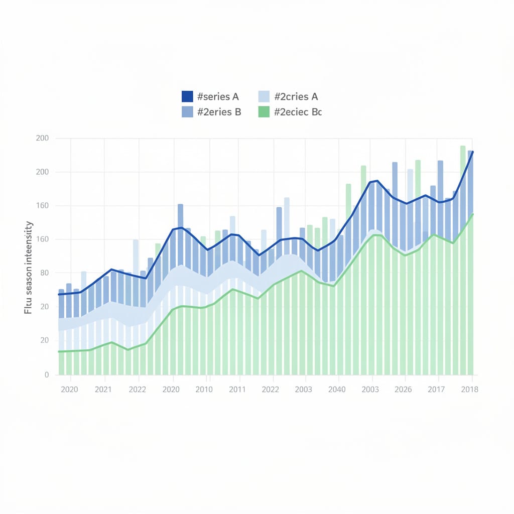 An abstract bar‑and‑line visualization compares flu‑season activity across multiple years, highlighting differences in seasonal intensity.