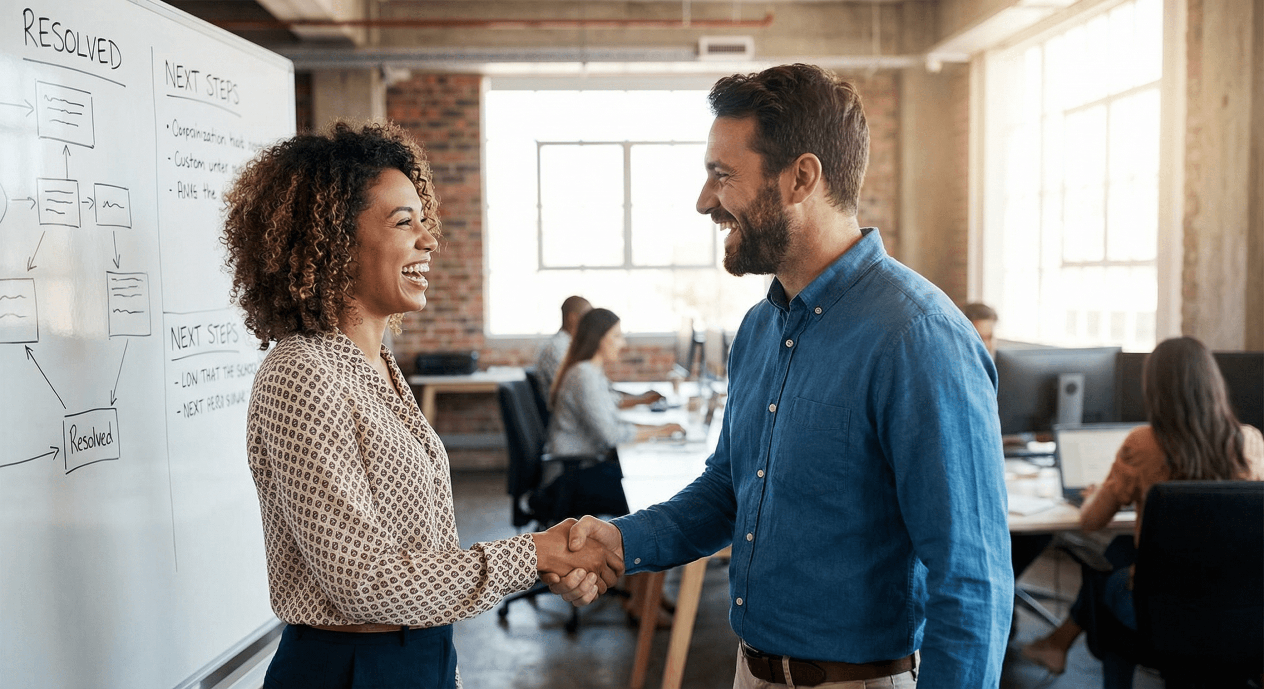 Two coworkers share a warm smile after clearing up a misunderstanding, reflecting compassion in everyday communication.