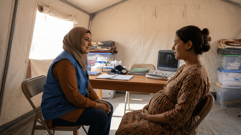 A midwife or health worker speaks calmly with a pregnant woman in a sunlit clinic, showing compassionate care amid conflict and maternal mortality challenges.
