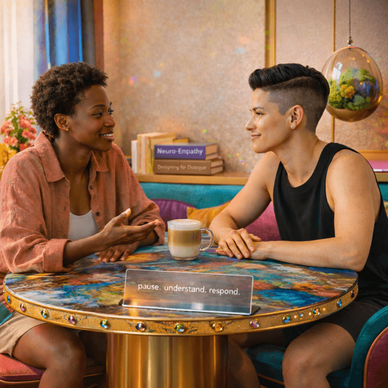 A couple sits in warm natural light around a modern round table, speaking gently and listening with focus, symbolizing couple communication that heals and connects through calm empathy and mindful presence.