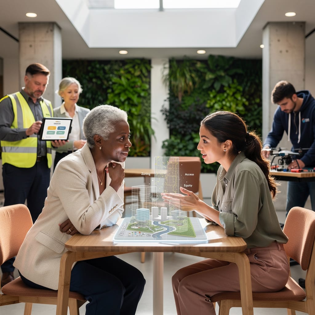 Two women of different generations collaborate in a bright coworking studio, symbolizing pride in working‑women communities through mutual mentorship, shared growth, and cross‑generational innovation.