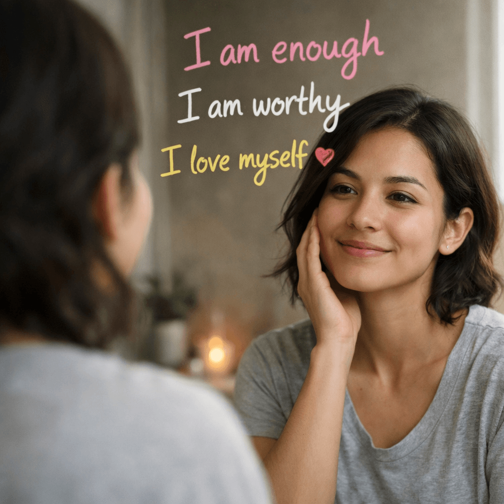 A person smiles gently at their reflection after repeating affirmations, representing self‑compassion and inner kindness.