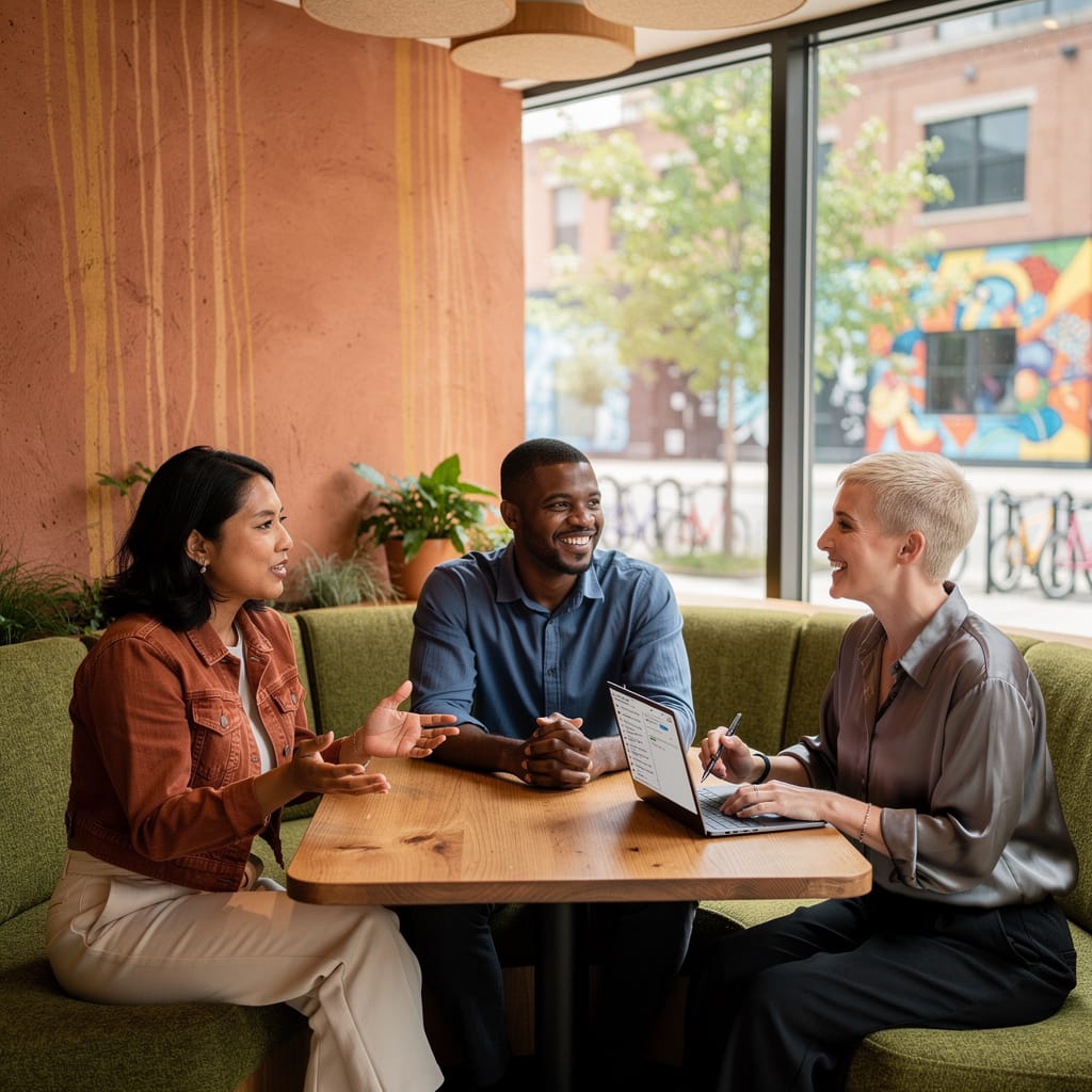 Three diverse people sit at a sunlit café table exchanging warm smiles and gestures, representing couple communication and broader cultural dialogue in American relationships where openness and inclusivity shape understanding.
