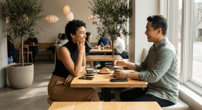 dating-with-purpose-intentional-dating-modern-connections.jpg Two people talk warmly at a sunlit café table, phones placed face‑down as they share laughter and attention, illustrating intentional dating building meaningful connection through presence rather than distraction.