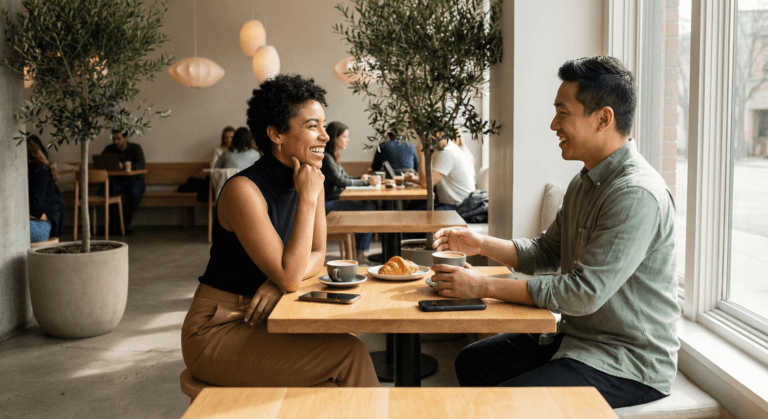 Two people talk warmly at a sunlit café table, phones placed face‑down as they share laughter and attention, illustrating intentional dating building meaningful connection through presence rather than distraction.
