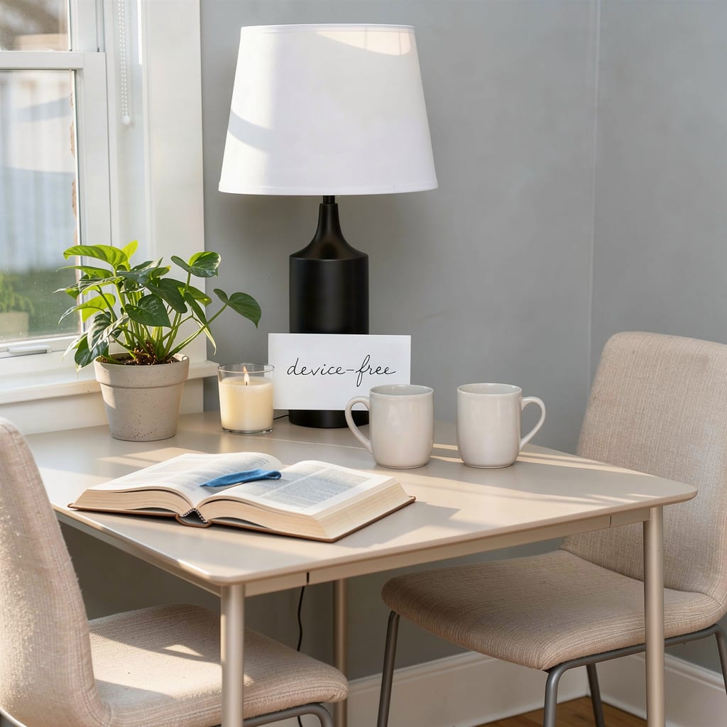 A calm, screen‑free space with warm light, a book, plants, and mugs on a table, symbolizing comfort and connection through simple device‑free moments.