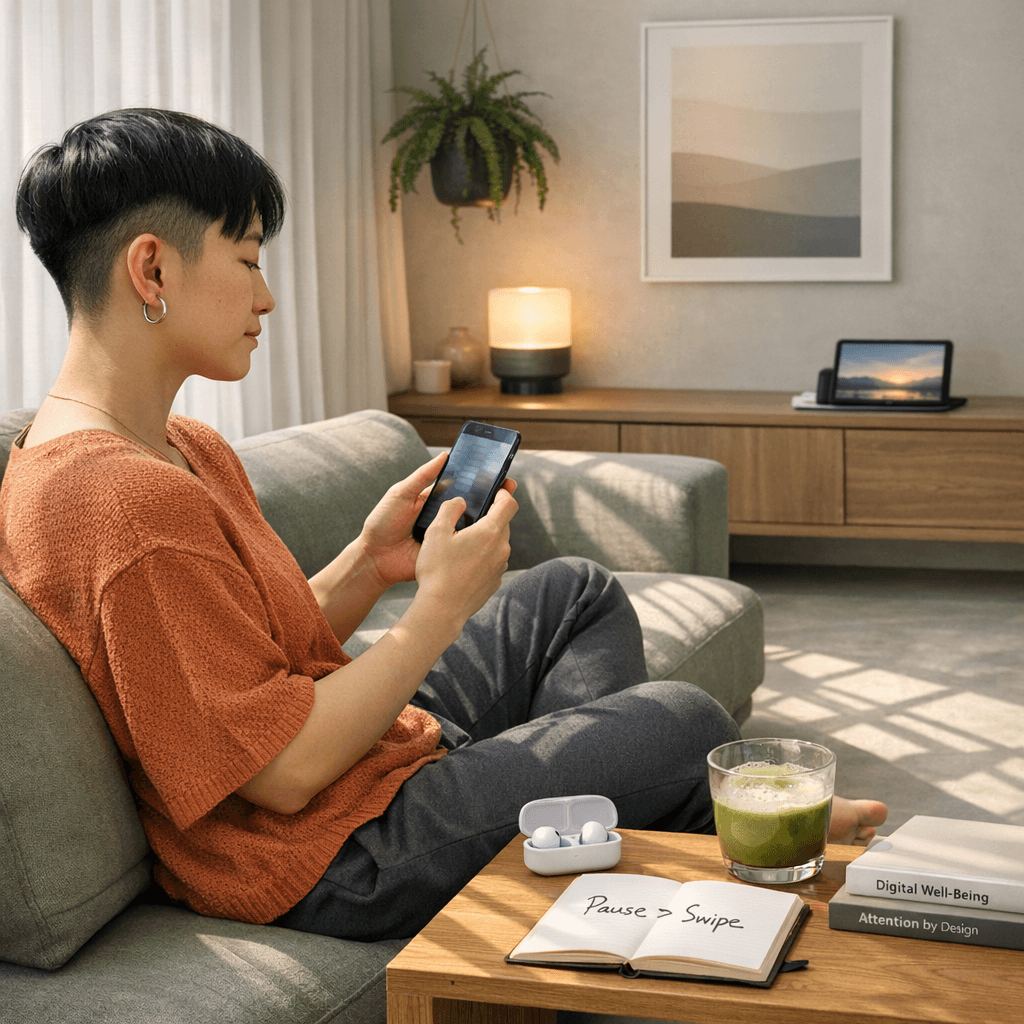 A person sits calmly on a minimalist sofa, pausing thoughtfully before swiping on their phone, symbolizing intentional dating and digital mindfulness amid today’s swipe‑based culture.