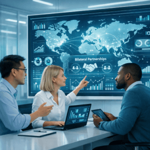 Public‑health analysts stand before a softly glowing world‑data screen, collaborating on new bilateral partnership models in a bright, modern workspace.