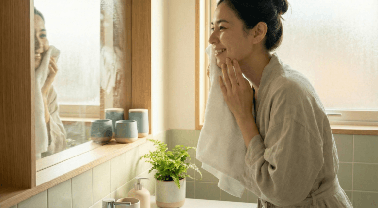 A person gently dries her face by a sunlit bathroom mirror, reflecting the calm clarity of emotional hygiene.