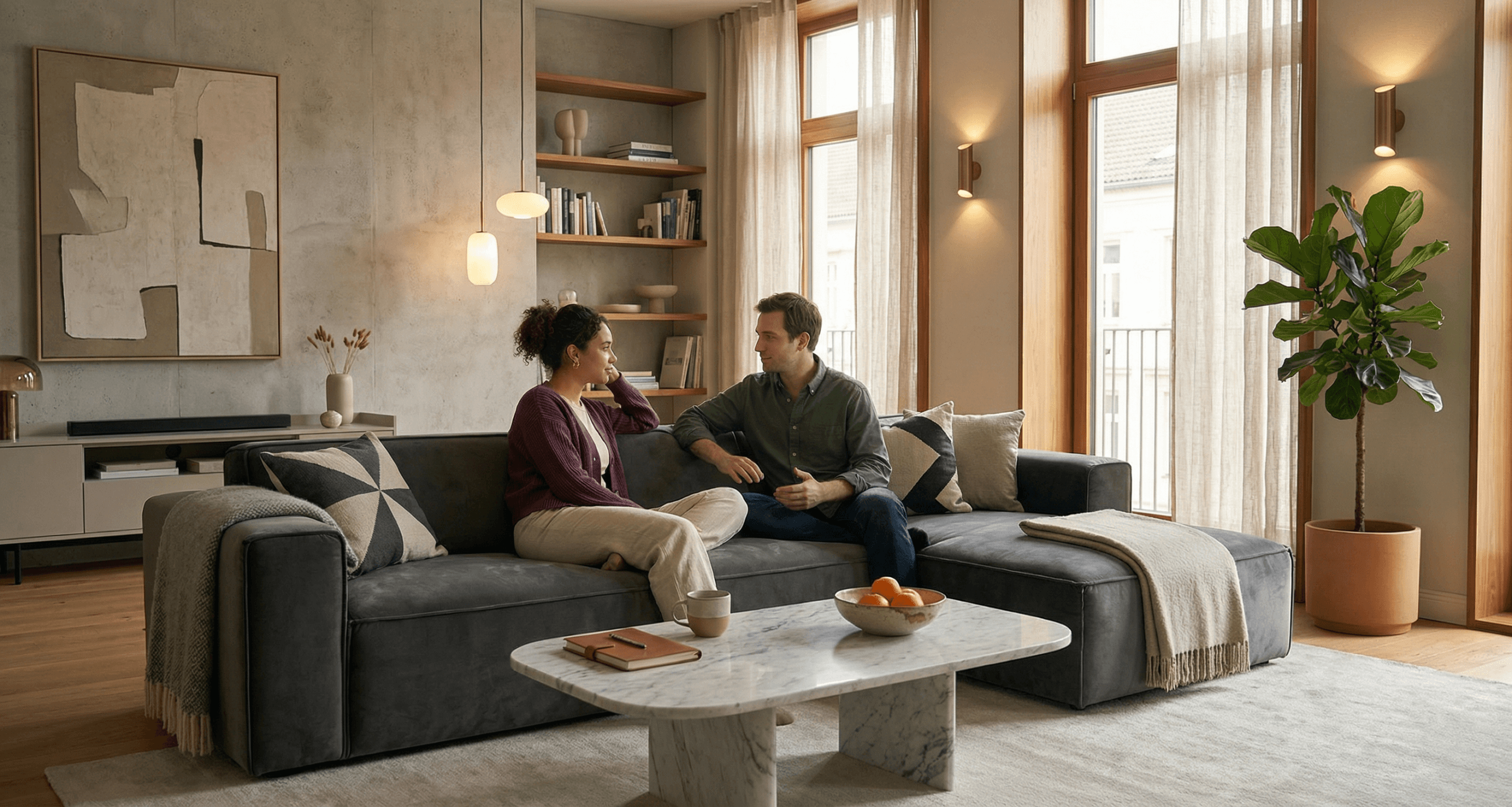 A couple sits in warm afternoon light, listening and speaking with calm empathy on a worn leather sofa, illustrating emotional intelligence in relationships through attentive body language and mutual respect.