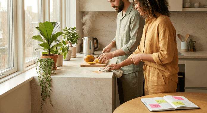 A couple talks warmly at a wooden kitchen table in golden afternoon light, their attentive gestures and relaxed postures portraying emotional intelligence in relationships as empathy, curiosity, and enduring love.