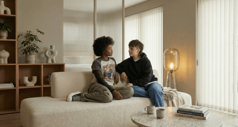 Two partners sit in calm eye contact on a softly lit sofa, their relaxed, respectful posture symbolizing emotional safety in relationships the trust, mindfulness, and presence that form true intimacy.