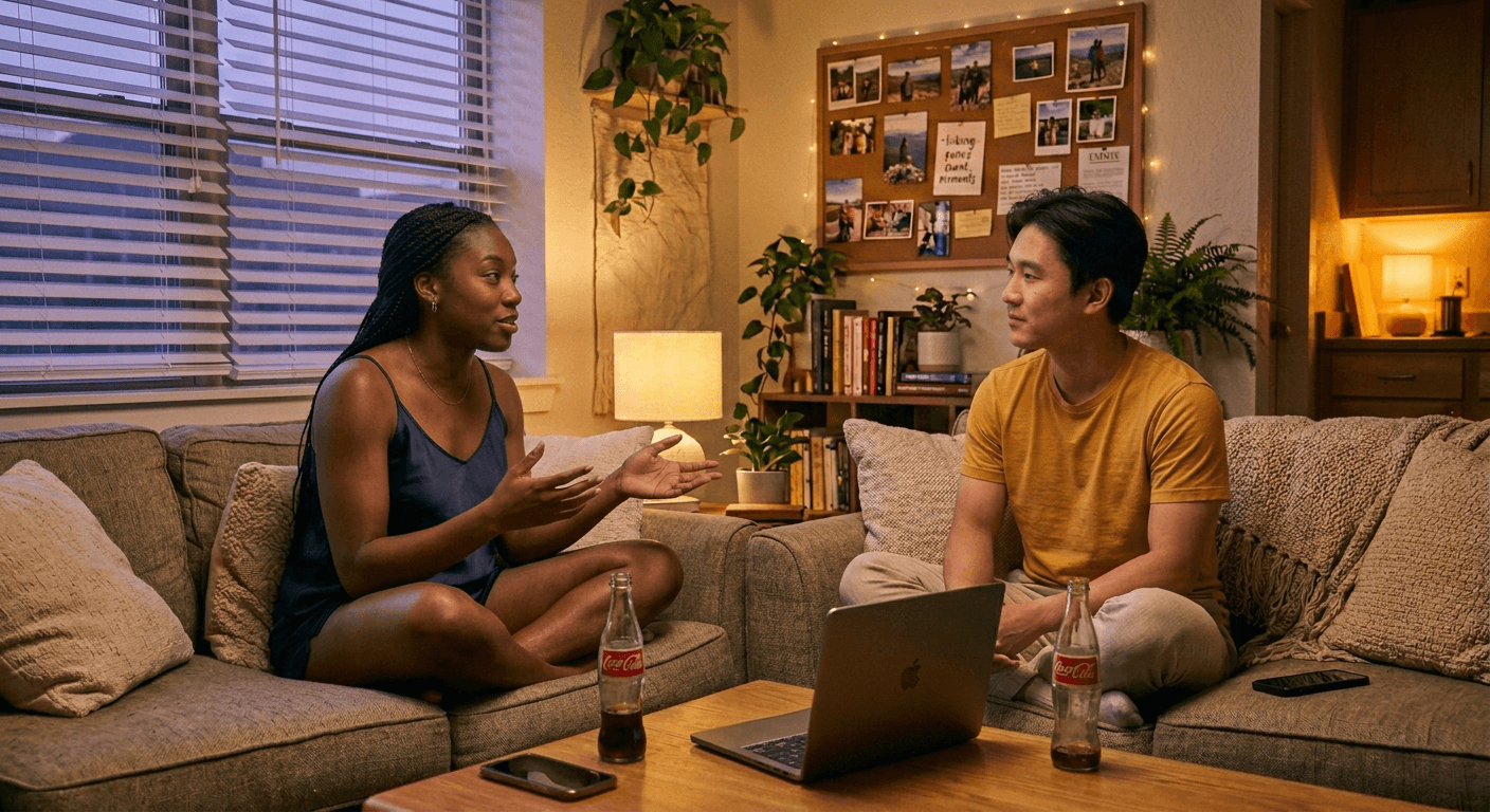 Two former roommates turned partners sit cross‑legged on a sofa in warm evening light, sharing tea and soft conversation that embodies the emotional shift from roommates to soulmates through empathy, balance, and trust.