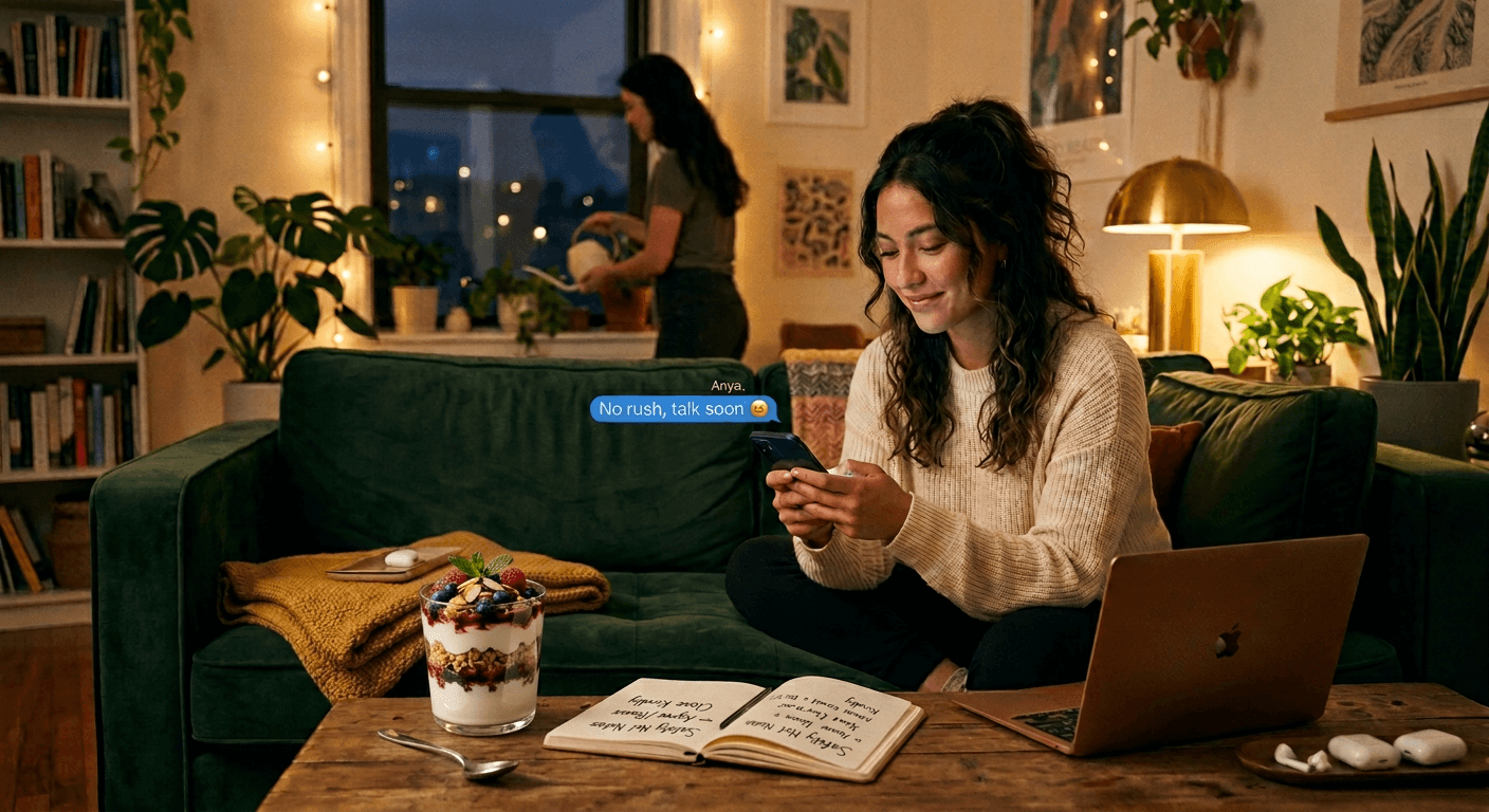 A woman sits cross‑legged on her sofa, calmly texting under warm lamplight, illustrating how mindful connection can transform text fights and misreads into empathy, clarity, and healthy digital dialogue.