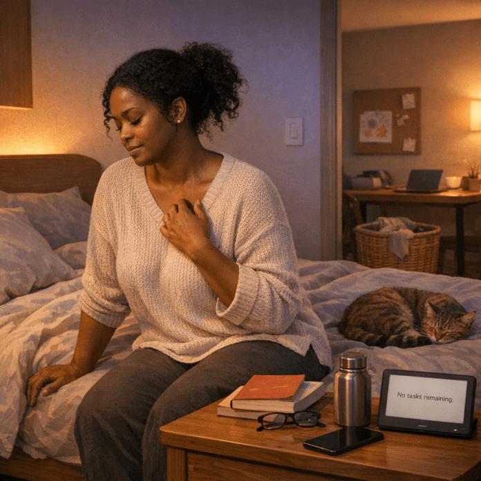 A woman rests calmly on a city bus at twilight, eyes closed and earbuds in, embodying the quiet mindfulness and balance central to a second shift survival plan finding restoration between work and home in modern America.