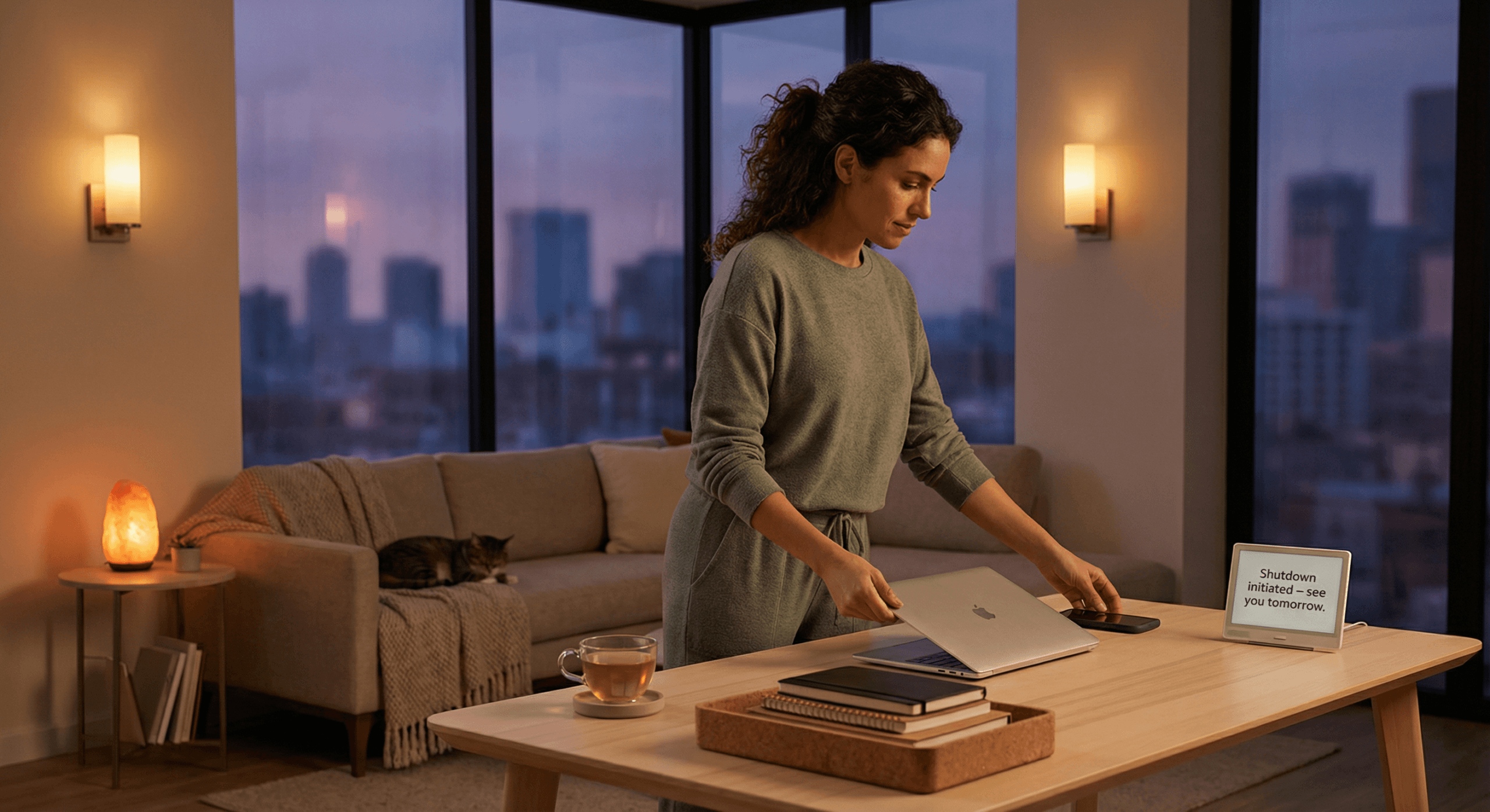 A woman powers down her laptop and turns her phone face‑down beside a steaming mug in soft twilight light, illustrating a second shift survival plan creating calm and closure between work and rest at day’s end.