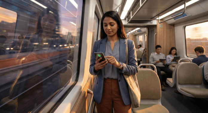 A professional woman stands in soft evening light on a modern commuter train, phone in hand, pausing before a call—capturing the strength to ask for help and the quiet courage to reach out amid everyday motion.