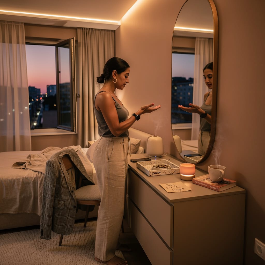 A woman removes her jewelry and smartwatch before a softly glowing mirror at dusk, embodying the strength to ask for help through gentle self‑permission, release, and quiet evening restoration.