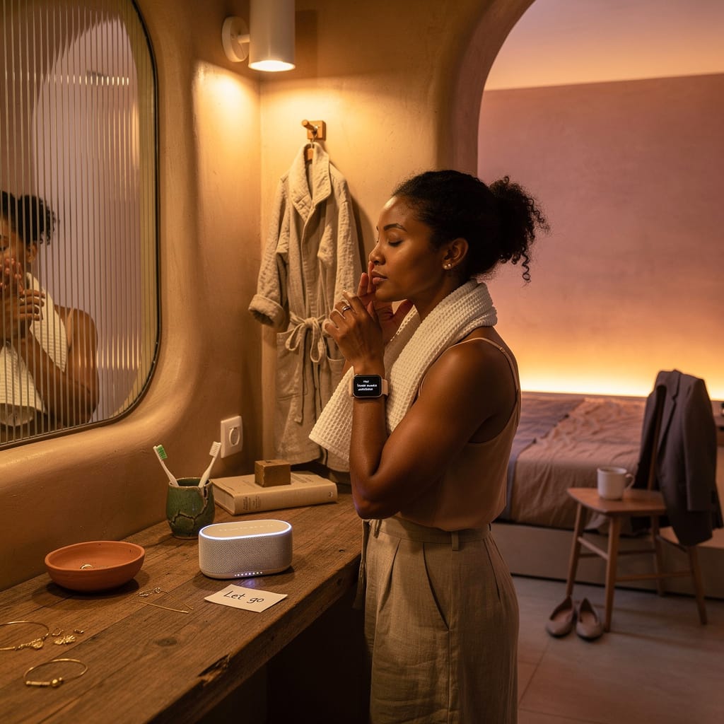 A woman dries her face in soft amber bathroom light, eyes closed after washing away the day, reflecting the strength to ask for help through nightly rituals of release, rest, and mindful self‑care.