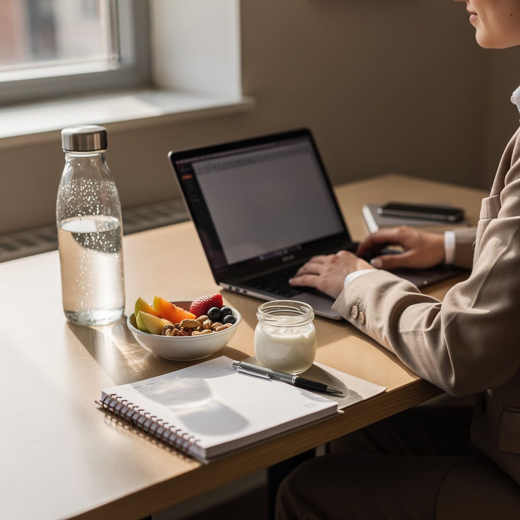 A person sits at a desk with a small balanced snack of nuts, fruit, or yogurt beside a laptop and water bottle, symbolizing smart snacking as part of everyday routine.
