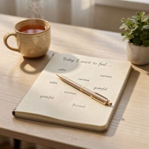 An open notebook rests on a softly lit desk with a page titled “Today I want to feel…” and gentle handwritten words like calm and curious, symbolizing mindful micro‑intentions.