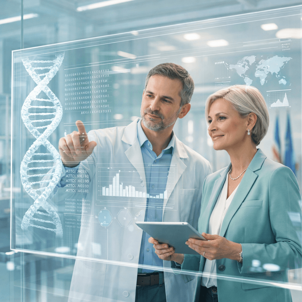 A scientist and policy adviser review genomic data on a transparent touchscreen display, illustrating partnership between scientific research and global health governance.