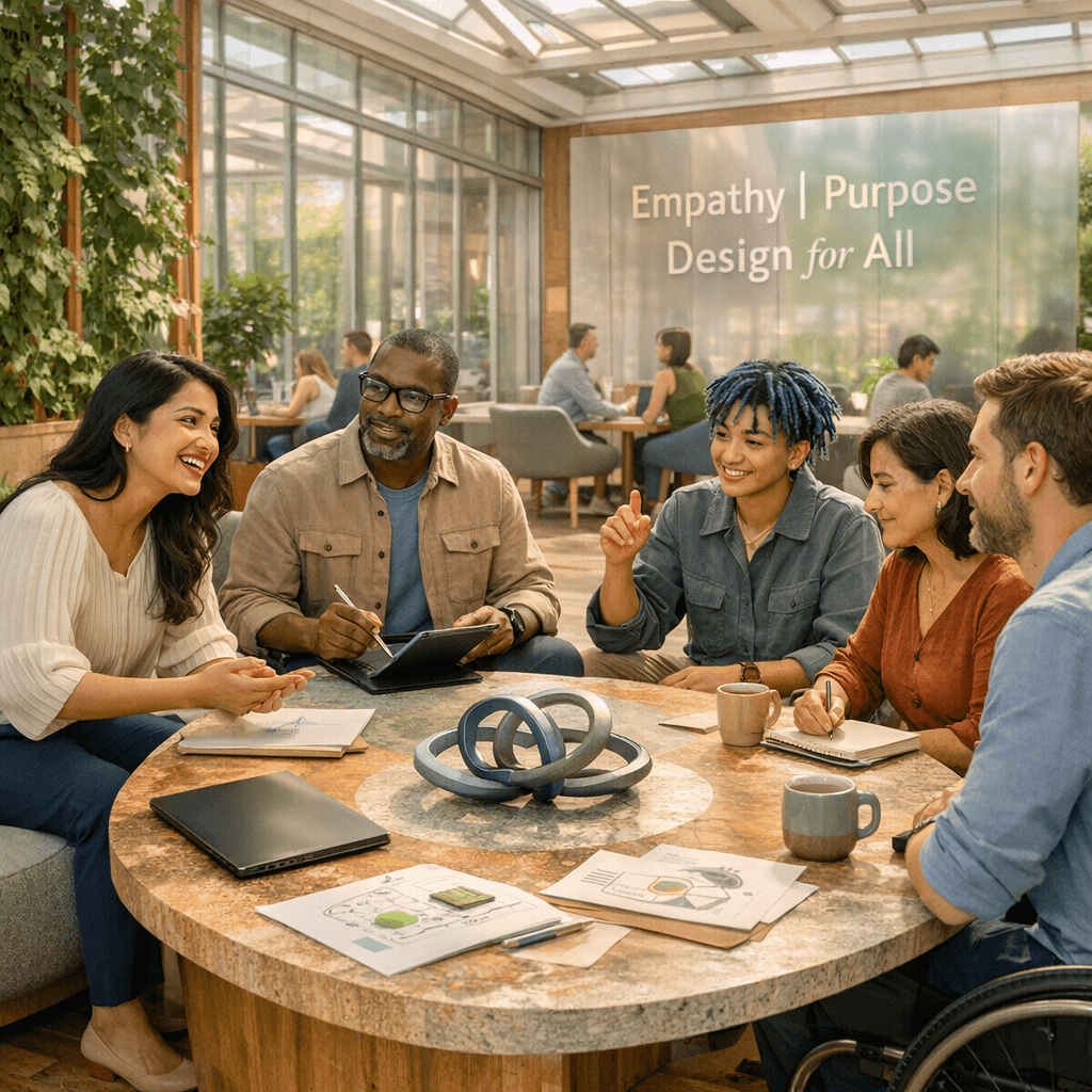 A diverse group collaborates around a curved table in a sun‑lit innovation commons, symbolizing thriving in America through collective creativity, empathy, and human connection grounded in shared purpose.