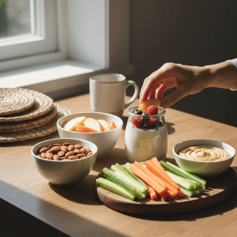 A hand reaches for a healthy snack spread of fruit, nuts, yogurt, and veggies in soft sunlight, illustrating balanced and mindful smart snacking.