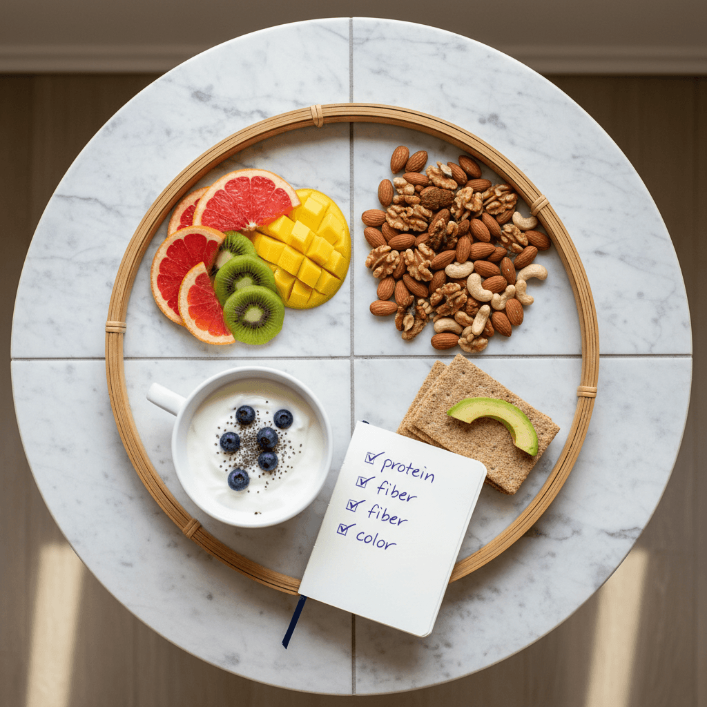 An overhead view shows fruit slices, nuts, yogurt, and whole‑grain crackers arranged neatly beside a notecard checklist reading “protein ✓ fiber ✓ color ✓,” illustrating what makes a snack smart.