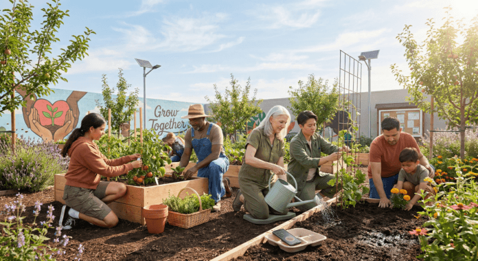 gemini-3-pro-image-preview-2k_a___Image_Idea_(Expand A diverse group of neighbors tends plants together in a sunny community garden, symbolizing thriving in America through sustainability, teamwork, and shared joy rooted in everyday connection.