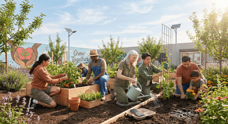 A diverse group of neighbors tends plants together in a sunny community garden, symbolizing thriving in America through sustainability, teamwork, and shared joy rooted in everyday connection.