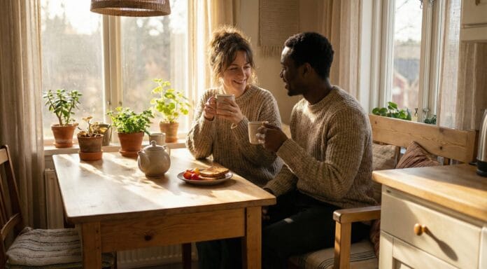 gemini-3-pro-image-preview-2k_a_make_it_a_couple_of_ A couple of different skin tones enjoy a slow, sunlit morning together at home with coffee and breakfast, reflecting calm and balanced morning routines for well‑being.