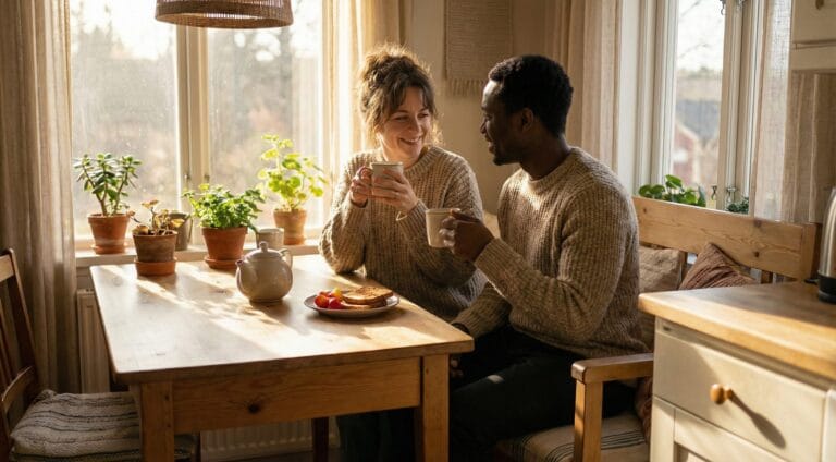 A couple of different skin tones enjoy a slow, sunlit morning together at home with coffee and breakfast, reflecting calm and balanced morning routines for well‑being.