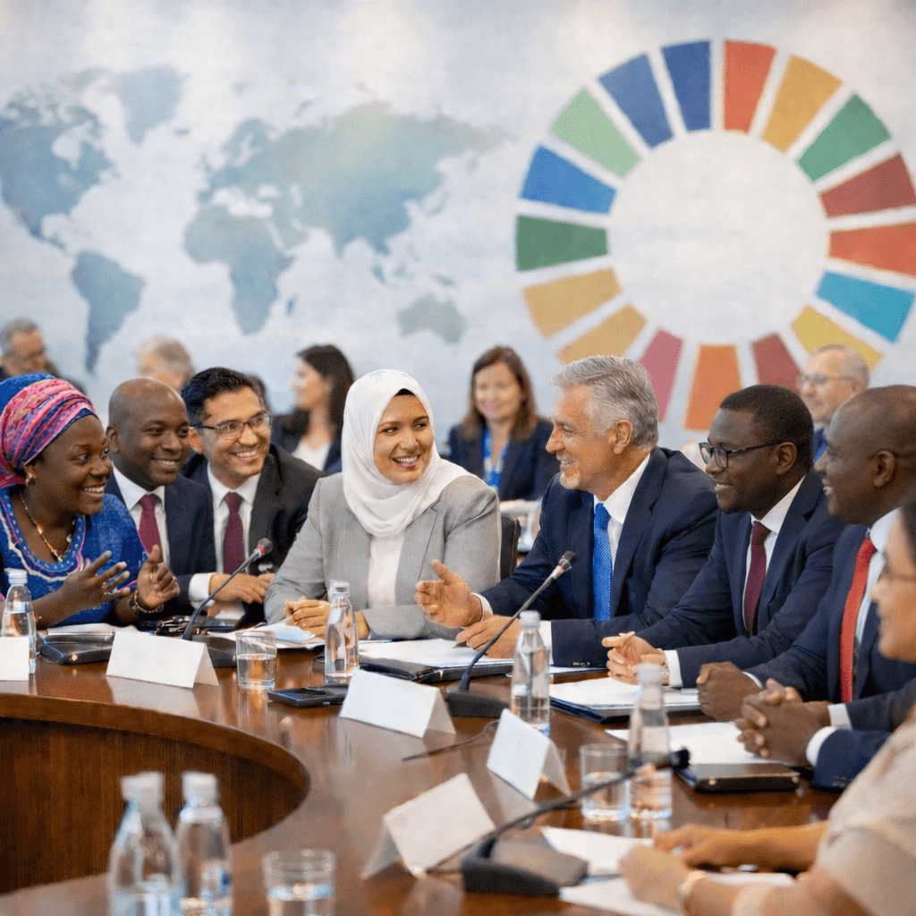 Diverse international delegates sit around a well‑lit conference table in discussion, with a soft world map and SDG color wheel in the background symbolizing shared global responsibility.