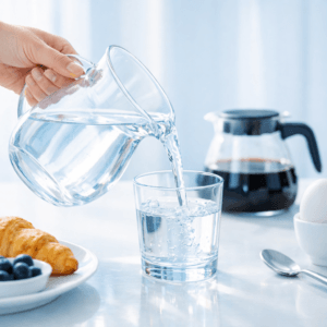 A hand pours water from a clear pitcher into a glass beside a quiet breakfast scene, modeling the habit to hydrate before caffeine.