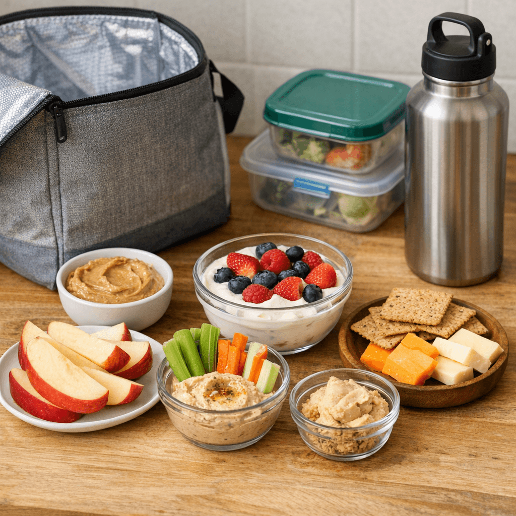 A bright kitchen counter displays quick snack pairings fruit with yogurt, veggie sticks with hummus, cheese with crackers ready to pack for real‑life nourishment.